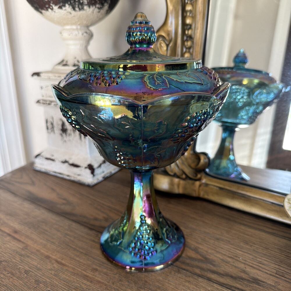 Indiana Carnival Glass Iridescent Blue Covered Compote – Harvest Grape